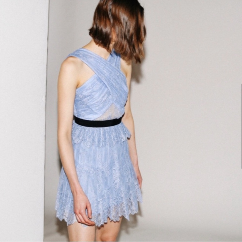 Self-Portrait Cross Front Fine Lace Blue Mini Dress